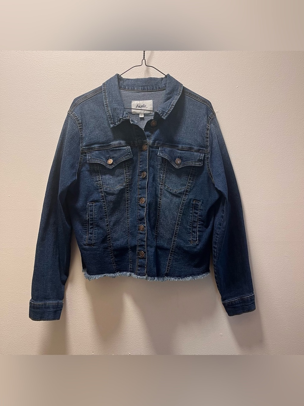 Angels Forever Young Boho Classic Dark-Wash Blue Fray BottomDenim Jacket, Sz L